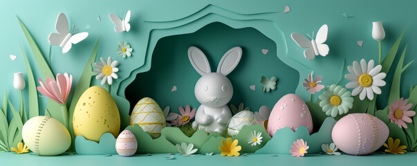 Pastel Easter Bunny and Decorative Eggs in Paper Art Style.
A whimsical paper art scene featuring a bunny and Easter eggs.