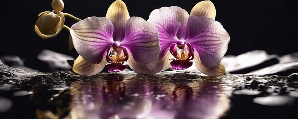 purple orchids are reflected in a still - life photograph of a dark background