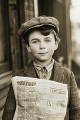 Vintage Styled Boy Holding a Classic Newspaper.
A boy in vintage attire posing with an...