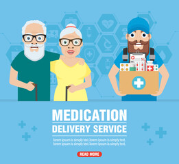 Medication delivery service concept modern design flat. Delivery services for seniors