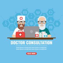 Doctor consultation concept design flat. Professional doctor consults an elderly men patient