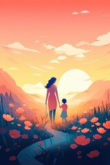 Mother and daughter on the flower field. Family Love and Countryside Landscape. Nature Flower Field. Beautiful child girl with young mother are wearing casual clothes. Happy Mother's day