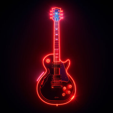 Red Neon Guitar Silhouette on Dark Background.
Striking red neon silhouette of a classic guitar against a deep black backdrop.