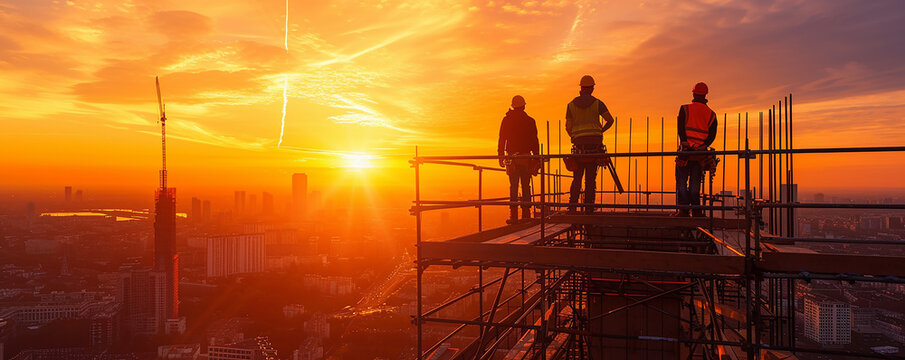 
Back view of a construction worker in safety gear at a site against the backdrop of
 a glowing sunset, Construction Site , labor day concept ,
 heavy industry factory with good welfare concept
