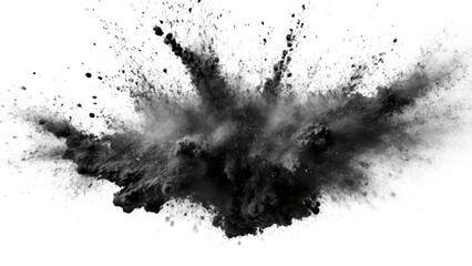 Explosion of black powder isolated on white background. 