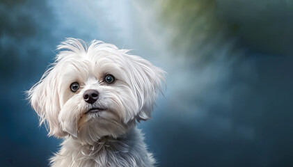 Cute Maltese dog on a dark blue background with copy space white furry dog with blue eyes and a black nose with blue background