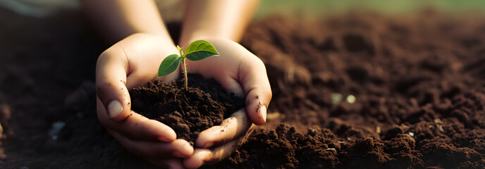 hand of a child planting a small plant carefully - environmental care concept