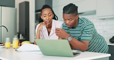 Finance, stress and black couple in home with laptop, investment and budget email in kitchen. Marriage, accounting and online bank payment with debt anxiety from mortgage bills and web payment