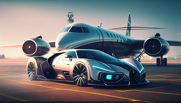 Super bike and private jet on landing strip. Business class service at the airport, Ai generated image