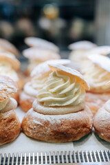 Obraz na płótnie Canvas buns with cream sweets traditions cafe laskiaispulla 