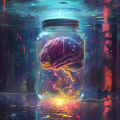 AI's Brain in a Jar, featuring a Floating Brain Wrapped in a Radiant and Exquisite Substance.
