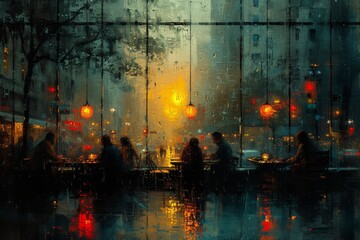 Amidst the pouring rain, a group of artists gather under the street lights, their easels and canvases reflecting the city's vibrant energy as they capture its essence in their paintings