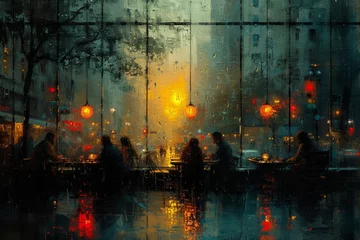 Photo sur Plexiglas Réflexion Amidst the pouring rain, a group of artists gather under the street lights, their easels and canvases reflecting the city's vibrant energy as they capture its essence in their paintings