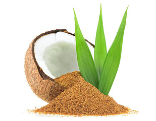 Half of coconut, green palm leaves and brown coconut sugar isolated on a white background. Healthy...