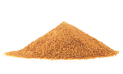 Pile of coconut palm sugar isolated on a white background. Coco sap sugar or coconut blossom.