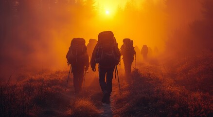 A determined group braves the thick fog and scorching heat as they trek through the untamed wilderness, their backpacks loaded with essentials for their journey ahead - obrazy, fototapety, plakaty
