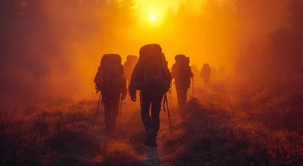Keuken spatwand met foto A determined group braves the thick fog and scorching heat as they trek through the untamed wilderness, their backpacks loaded with essentials for their journey ahead © Larisa AI