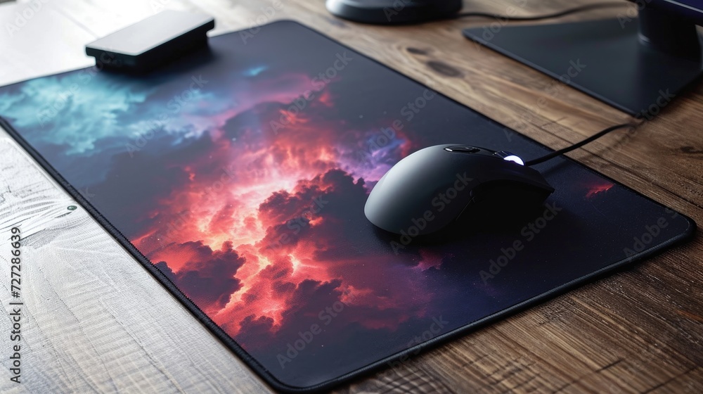 Poster computer mouse on the table with a picture of a thunderstorm