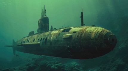Submarine sunken in the sea. Underwater world