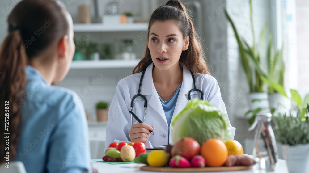 Wall mural focused female doctor discussing nutrition with a patient, with fresh fruits and vegetables on the t