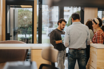 A group of creative business employees discussing over a laptop in a warm, informal cafe setting, with a focus on collaboration.