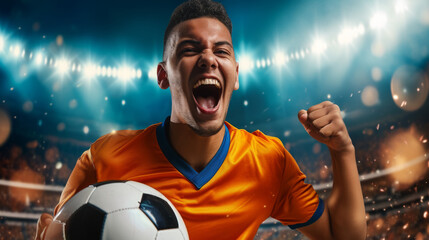 excited soccer player in an orange jersey is holding a soccer ball, celebrating with a stadium in the background