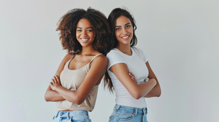 Fototapeta premium two young women are standing back to back with their arms crossed, both smiling and looking at the camera