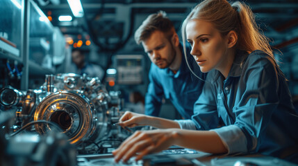 Fototapeta na wymiar Two aerospace engineers assemble a miniature engine in a research technology laboratory.