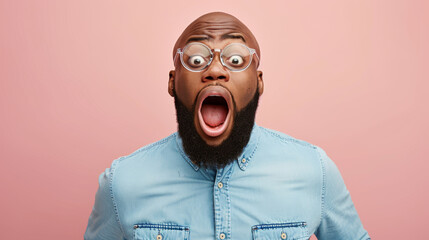 close-up of a young man with a beard wearing round glasses and a denim shirt, looking surprised with his mouth wide open against a pink background