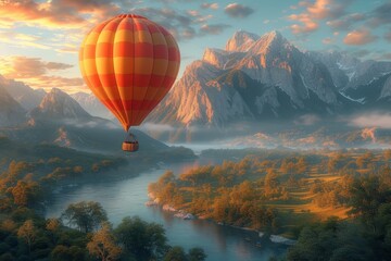 Experience the tranquil beauty of nature as a colorful hot air balloon gracefully floats above a serene river, with the majestic mountains and breathtaking sunrise/sunset sky as its backdrop - obrazy, fototapety, plakaty