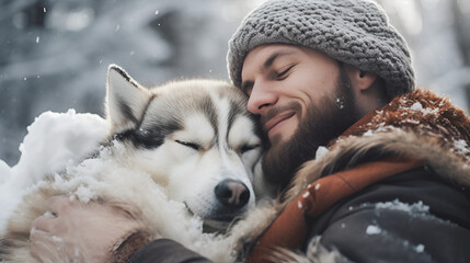 man cuddling huskies after a winter sleigh ride