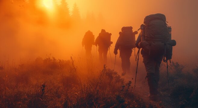 As the sun sets behind a shroud of fog, a group of hikers treks through the outdoors, led by a brave firefighter