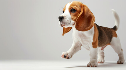 young beagle dog in mid-stride, looking to the side with a white background