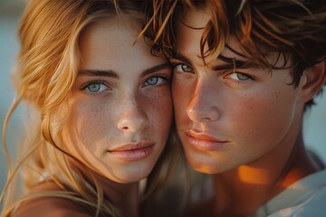 A sun-kissed surfer girl with piercing brown eyes and a captivating smile strikes a pose, capturing the essence of youth and adventure in a single portrait