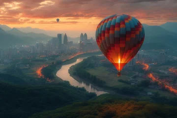 Cercles muraux Vert bleu Colorful aerostats glide over a bustling city, floating through the clouds and capturing the beauty of a sunset over a majestic mountain landscape