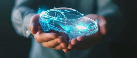 Hands presenting a holographic car, illustrating futuristic vehicle technology and innovation