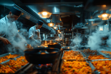 Asian cooks working in a large kitchen of an Asian food restaurant