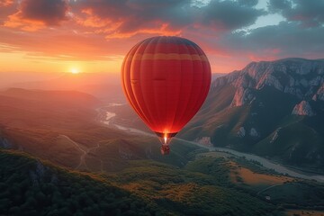 A majestic hot air balloon gracefully floats among the clouds, offering a breathtaking view of the stunning landscape below during a vibrant sunset