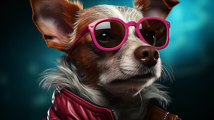 Dog with red sunglasses - obrazy, fototapety, plakaty