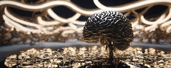 there is a gold sculpture of a brain on a table