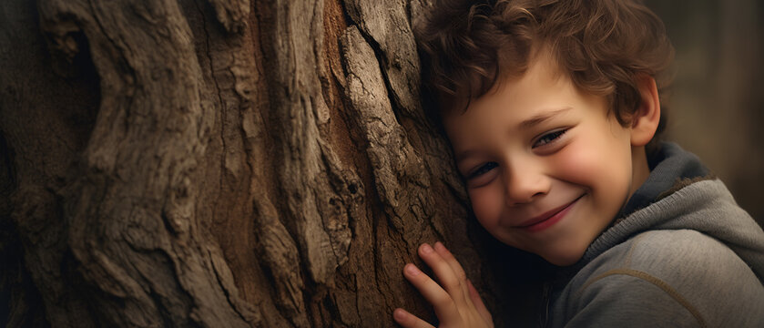 child hugging a big tree showing appreciation for nature - environmental care concept