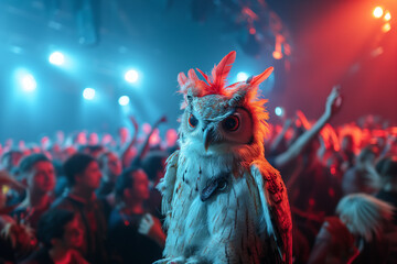 Portrait of a humanized punk-style owl at a music concert