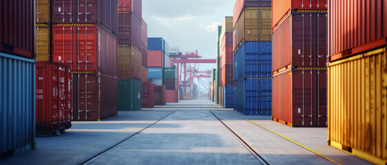 Fototapeta premium Shipping containers lined up in a port, a visual of global trade and logistics efficiency