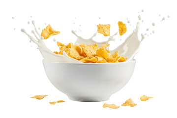 Corn flakes with milk splash in white bowl PNG