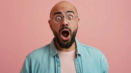 close-up of a young man with a beard wearing round glasses and a denim shirt, looking surprised with his mouth wide open against a pink background