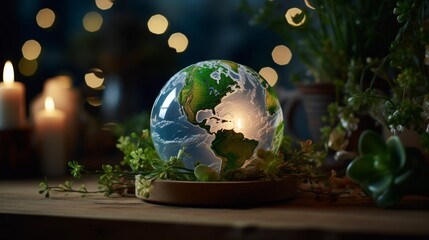 Globe Placed on Table Surrounded by Potted Plants