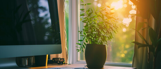 Indoor plant by a sunny window, a peaceful coexistence of technology and nature