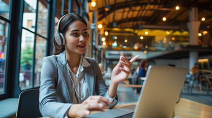 woman is engaging in a video call or virtual meeting, gesturing with her hands, with earphones in, and looking intently at the laptop screen in a modern office setting