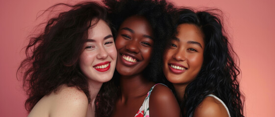 Obraz premium Three joyful women embracing, representing diverse beauty and genuine friendship