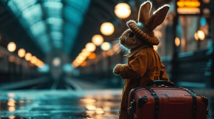 Bunny traveling. At Railway Station. AI Generative - obrazy, fototapety, plakaty